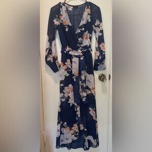 Miss Avenue Navy Floral Wrap Maxi Dress with Peach Blooms